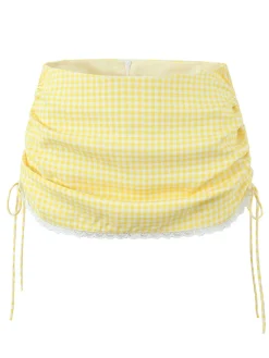 Outlet Retro Stage 2PCS 1950s Gingham Plaid Lace-Up Crop Camisole & Skirt