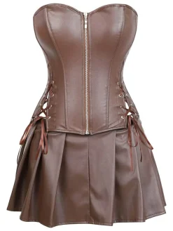 Hot Retro Stage 2PCS 1970s Gothic Faux Leather Bandeau Corset & Skirt