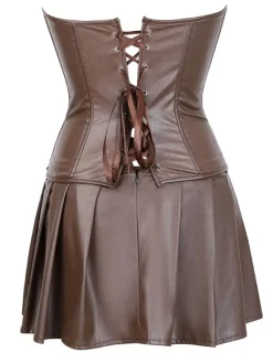 Hot Retro Stage 2PCS 1970s Gothic Faux Leather Bandeau Corset & Skirt