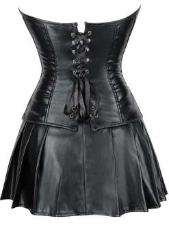 Hot Retro Stage 2PCS 1970s Gothic Faux Leather Bandeau Corset & Skirt
