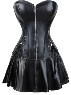 Sale Retro Stage 2PCS 1970s Gothic Faux Leather Bandeau Corset & Skirt