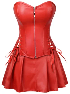 Sale Retro Stage 2PCS 1970s Gothic Faux Leather Bandeau Corset & Skirt