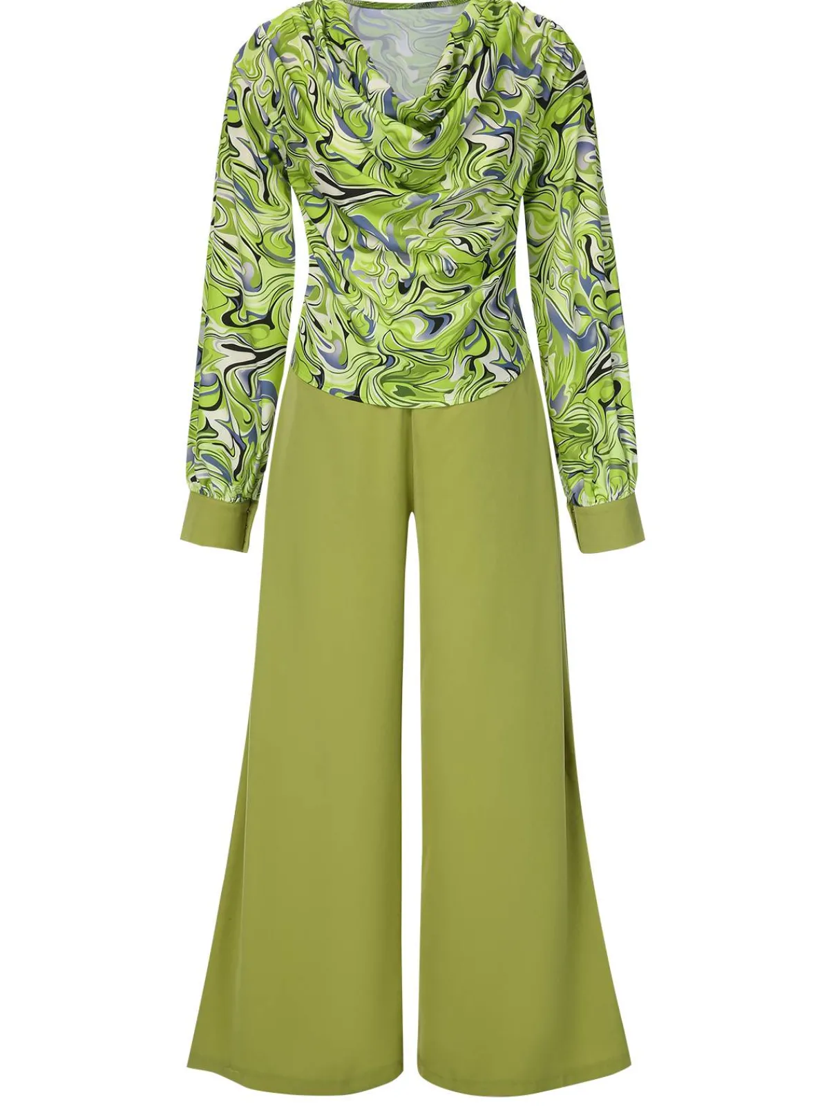 Online Retro Stage 2PCS 1940s Geometric Cowl Neck Top & Wide Leg Pants Green