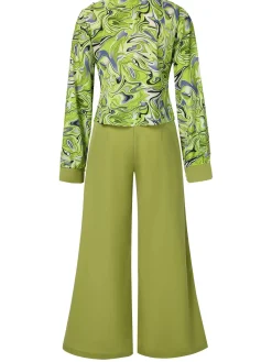Online Retro Stage 2PCS 1940s Geometric Cowl Neck Top & Wide Leg Pants Green