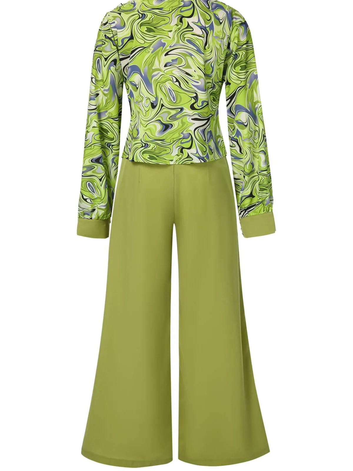 Online Retro Stage 2PCS 1940s Geometric Cowl Neck Top & Wide Leg Pants Green
