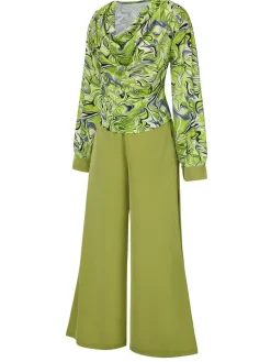Online Retro Stage 2PCS 1940s Geometric Cowl Neck Top & Wide Leg Pants Green