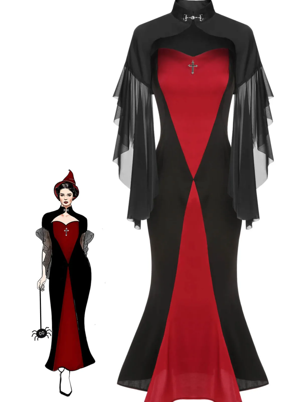 Sale Retro Stage 2PCS 1930s Halloween Fishtail Dress & Sheer Coat Black & Red