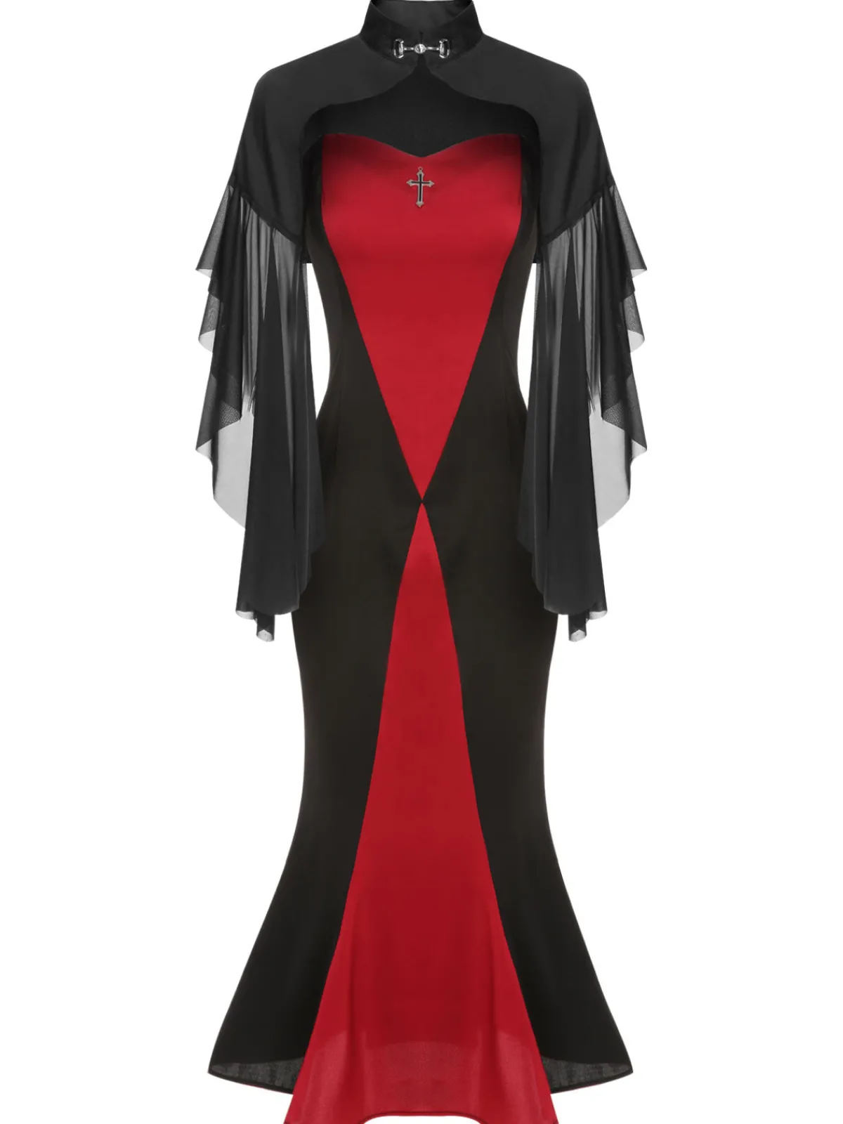 Sale Retro Stage 2PCS 1930s Halloween Fishtail Dress & Sheer Coat Black & Red
