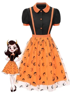 Hot Retro Stage 2PCS 1940s Halloween Peter Pan Collar Blouse & Smiley Face Mesh Skirt Black & Orange