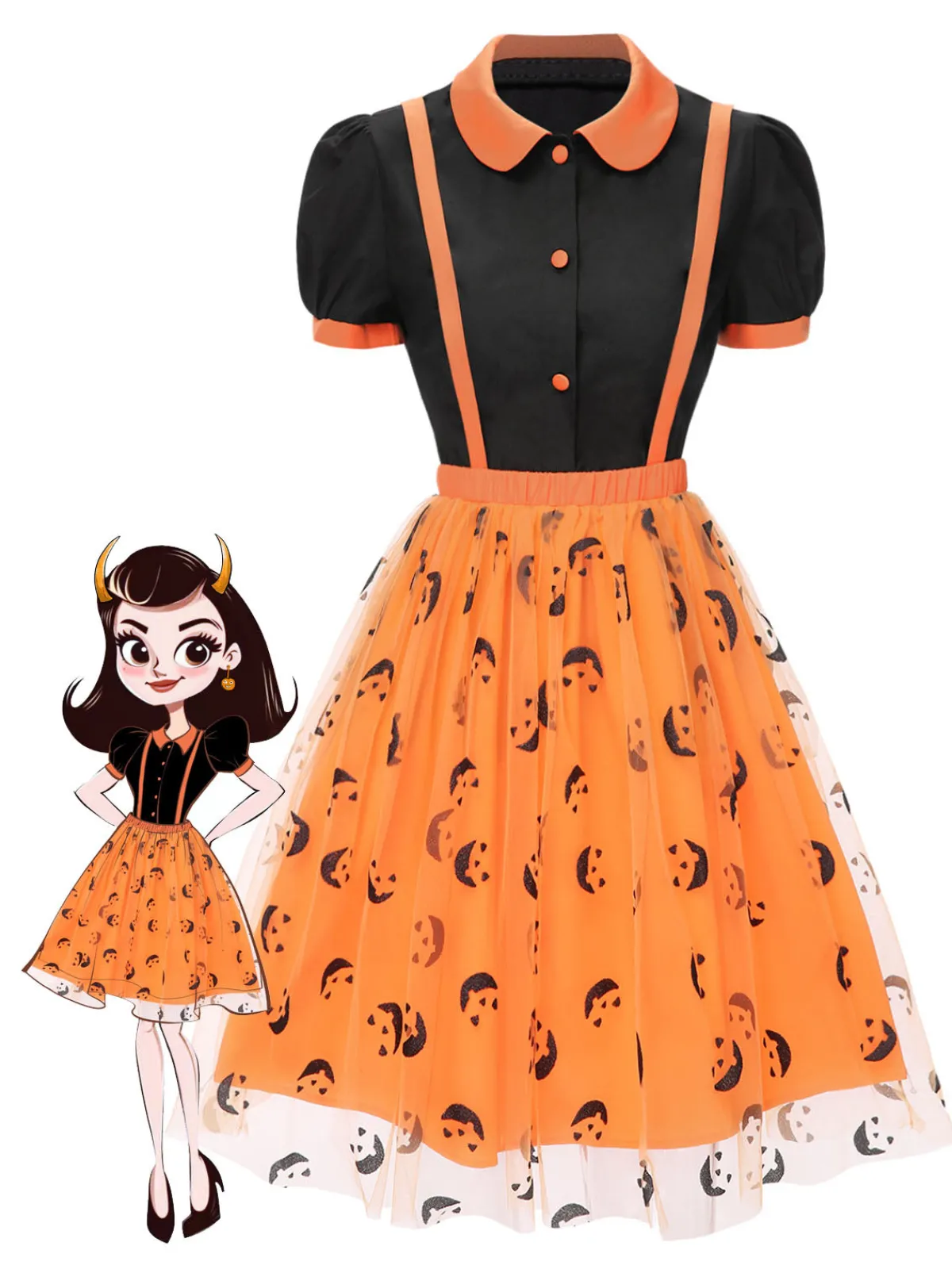 Hot Retro Stage 2PCS 1940s Halloween Peter Pan Collar Blouse & Smiley Face Mesh Skirt Black & Orange