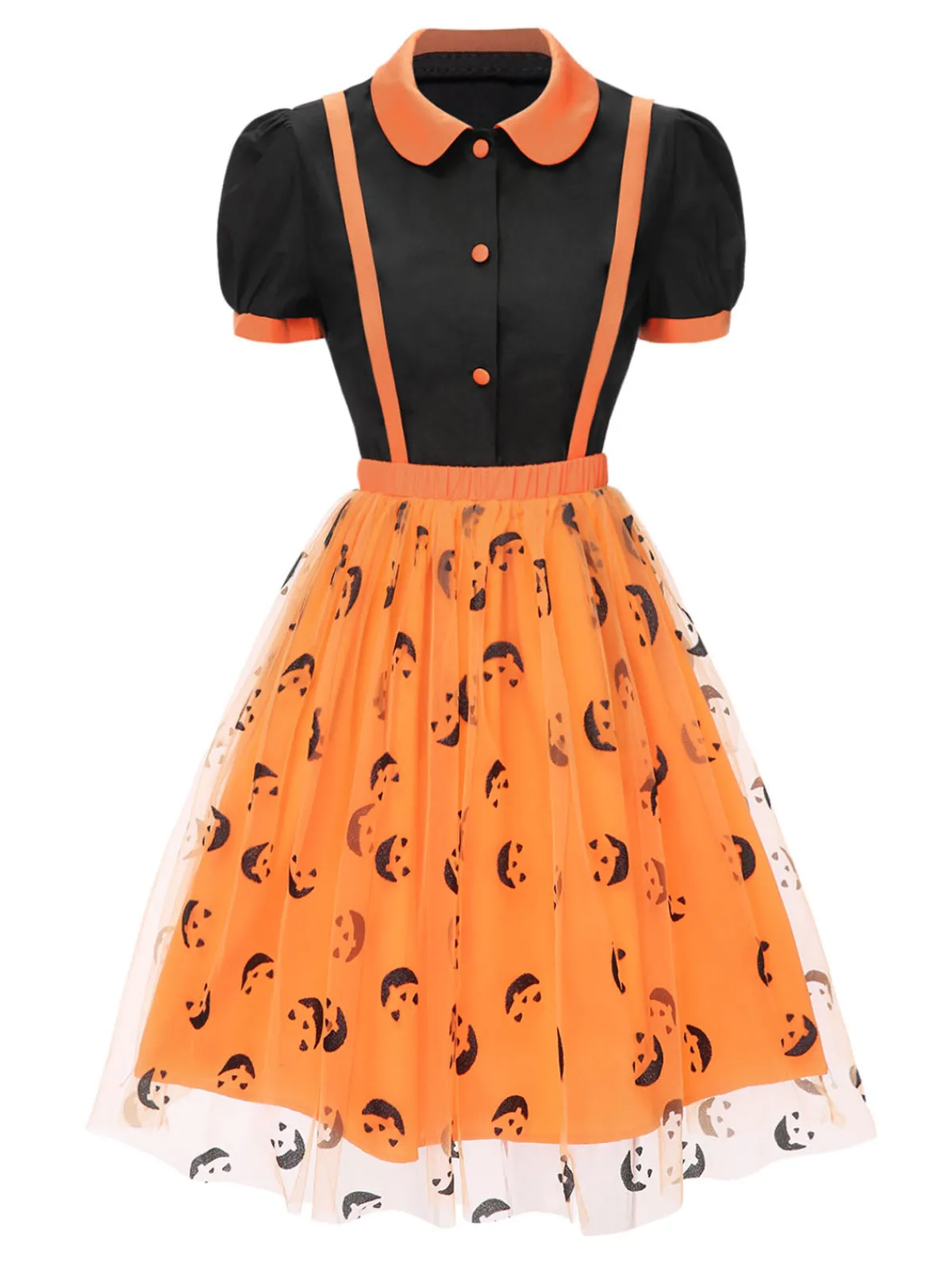 Hot Retro Stage 2PCS 1940s Halloween Peter Pan Collar Blouse & Smiley Face Mesh Skirt Black & Orange