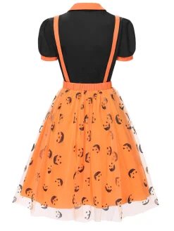 Hot Retro Stage 2PCS 1940s Halloween Peter Pan Collar Blouse & Smiley Face Mesh Skirt Black & Orange