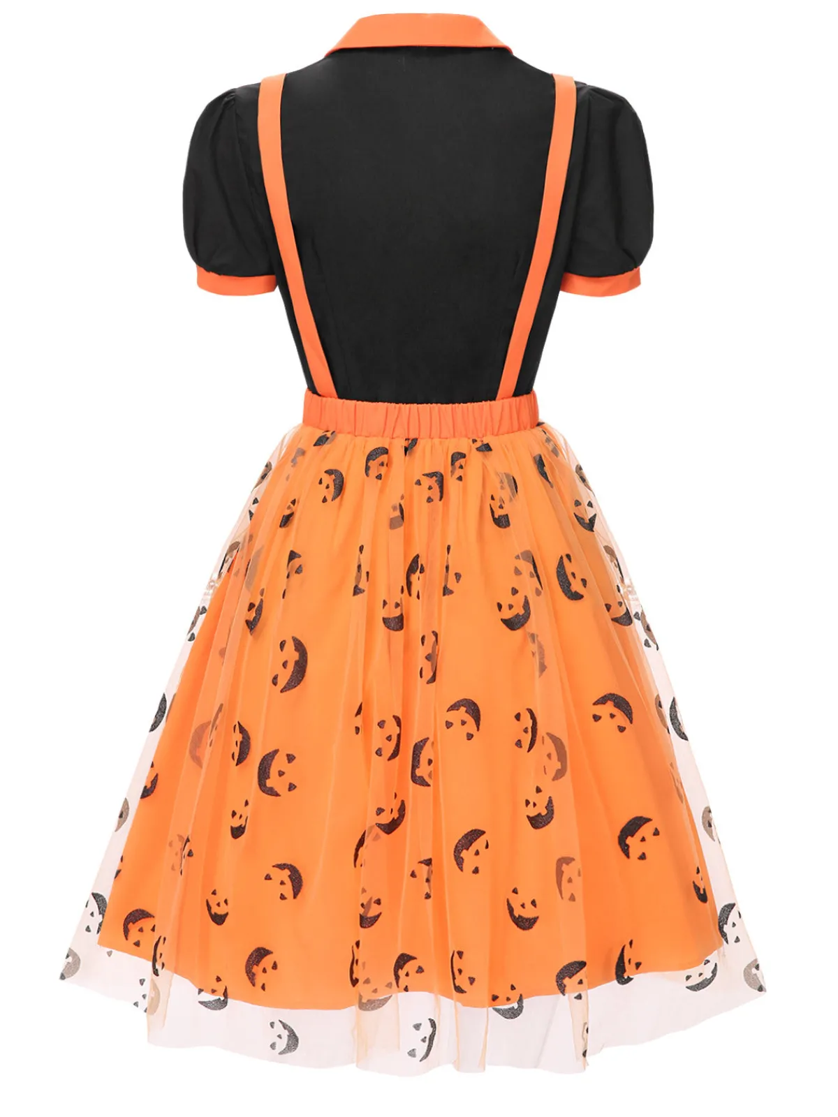 Hot Retro Stage 2PCS 1940s Halloween Peter Pan Collar Blouse & Smiley Face Mesh Skirt Black & Orange