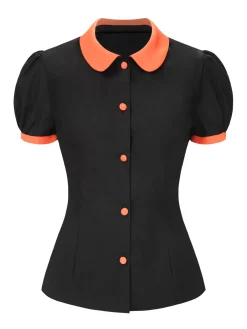 Hot Retro Stage 2PCS 1940s Halloween Peter Pan Collar Blouse & Smiley Face Mesh Skirt Black & Orange