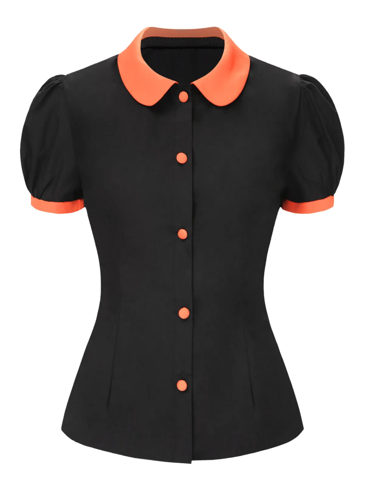 Hot Retro Stage 2PCS 1940s Halloween Peter Pan Collar Blouse & Smiley Face Mesh Skirt Black & Orange