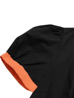 Hot Retro Stage 2PCS 1940s Halloween Peter Pan Collar Blouse & Smiley Face Mesh Skirt Black & Orange