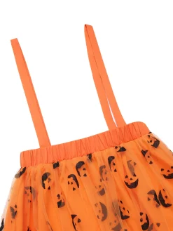 Hot Retro Stage 2PCS 1940s Halloween Peter Pan Collar Blouse & Smiley Face Mesh Skirt Black & Orange