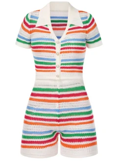Hot Retro Stage 2PCS 1970s Knitted Rainbow Striped Top & Shorts Multicolor