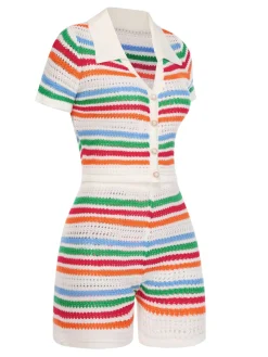 Hot Retro Stage 2PCS 1970s Knitted Rainbow Striped Top & Shorts Multicolor