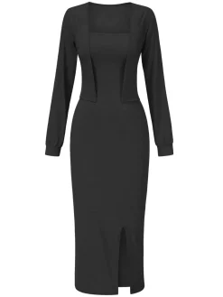 Fashion Retro Stage 2PCS 1960s Knitted Slit Tube Dress & Short Cardigan