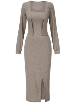 Fashion Retro Stage 2PCS 1960s Knitted Slit Tube Dress & Short Cardigan