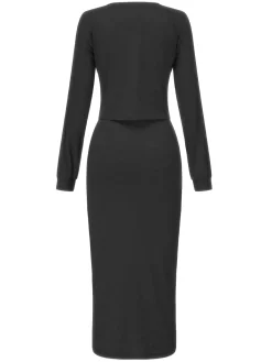 Fashion Retro Stage 2PCS 1960s Knitted Slit Tube Dress & Short Cardigan