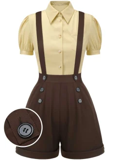 Online Retro Stage 2PCS 1940s Lapel Blouse & Buttons Overall Shorts Yellow & Deep Brown