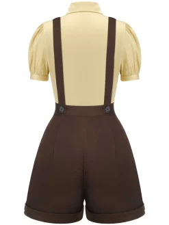 Online Retro Stage 2PCS 1940s Lapel Blouse & Buttons Overall Shorts Yellow & Deep Brown