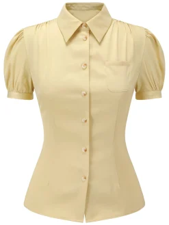 Online Retro Stage 2PCS 1940s Lapel Blouse & Buttons Overall Shorts Yellow & Deep Brown