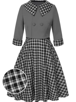 Hot Retro Stage 2PCS 1950s Lapel Rolled Sleeve Plaids Coat & Strap Dress Dark Gray