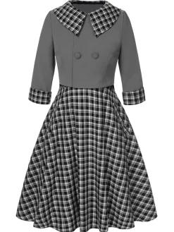 Hot Retro Stage 2PCS 1950s Lapel Rolled Sleeve Plaids Coat & Strap Dress Dark Gray