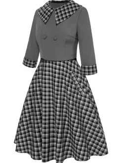 Hot Retro Stage 2PCS 1950s Lapel Rolled Sleeve Plaids Coat & Strap Dress Dark Gray