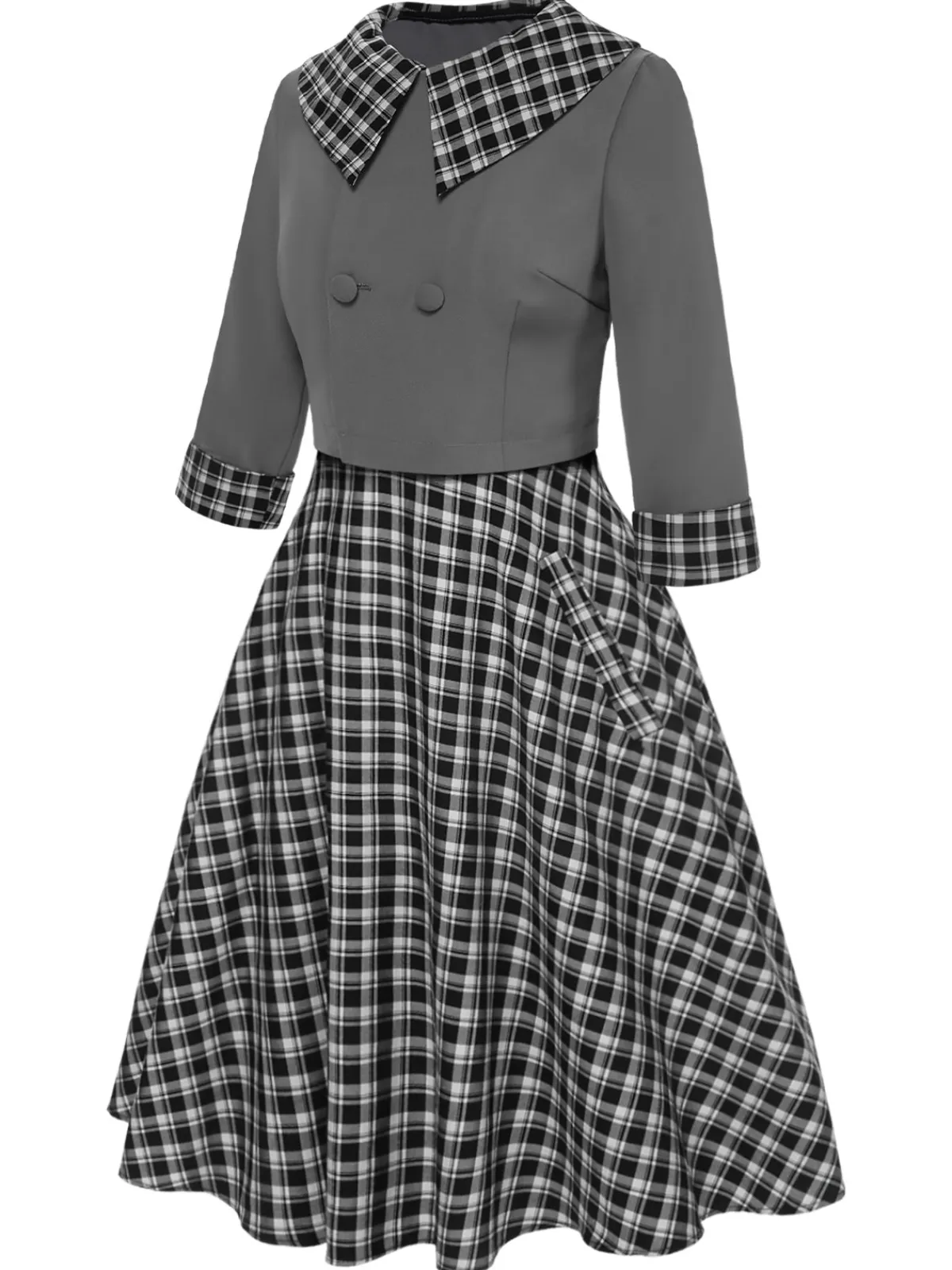 Hot Retro Stage 2PCS 1950s Lapel Rolled Sleeve Plaids Coat & Strap Dress Dark Gray