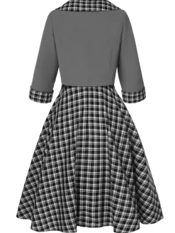 Hot Retro Stage 2PCS 1950s Lapel Rolled Sleeve Plaids Coat & Strap Dress Dark Gray
