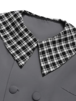 Hot Retro Stage 2PCS 1950s Lapel Rolled Sleeve Plaids Coat & Strap Dress Dark Gray