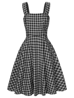 Hot Retro Stage 2PCS 1950s Lapel Rolled Sleeve Plaids Coat & Strap Dress Dark Gray