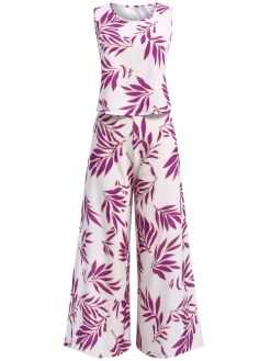 Clearance Retro Stage 2PCS 1940s Leaves Sleeveless Top & Cropped Pants White