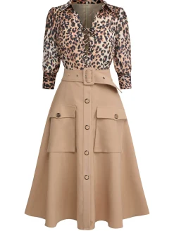 Online Retro Stage 2PCS 1950s Leopard Lapel Romper & Skirt Khaki