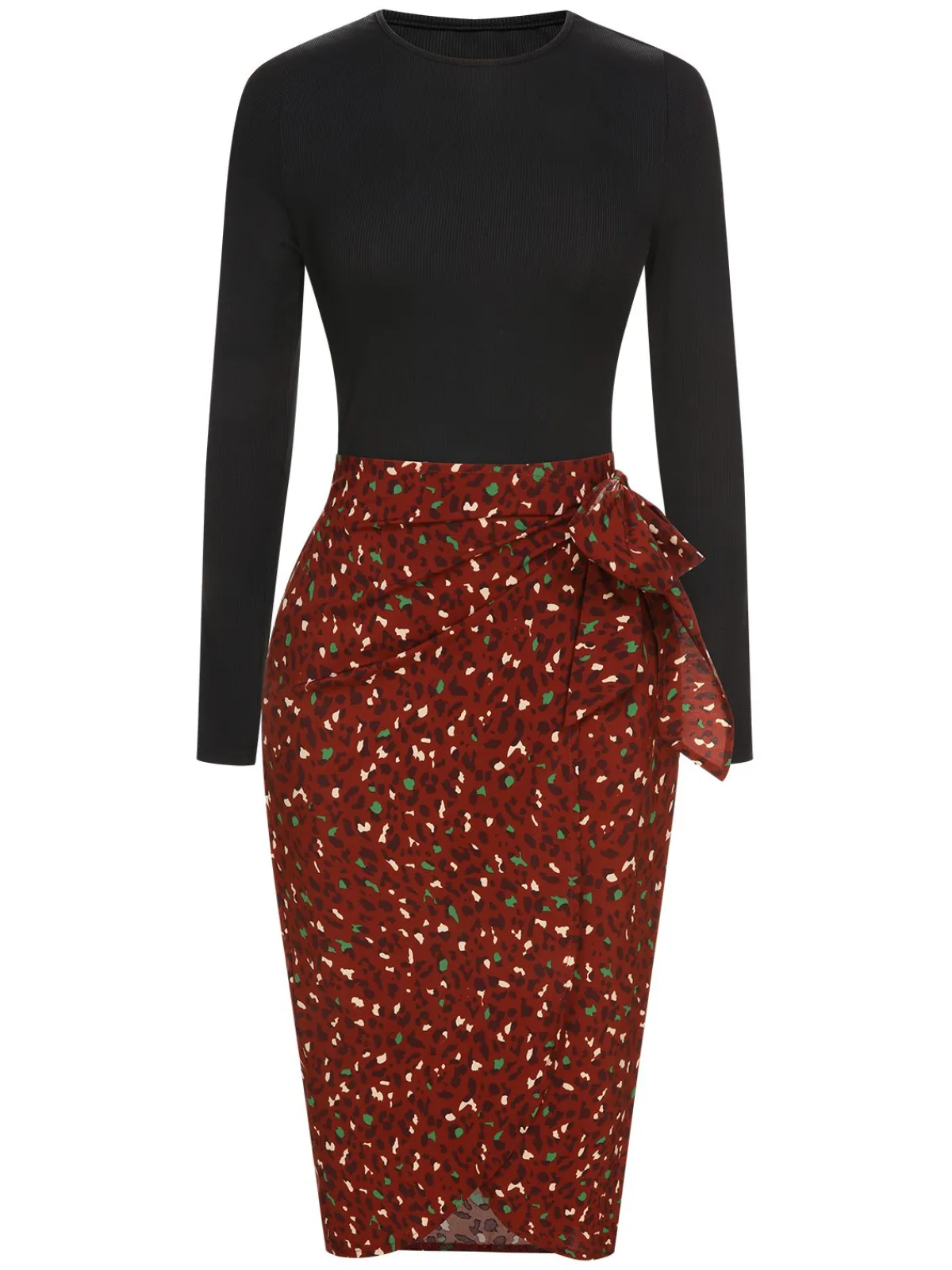 Best Retro Stage 2PCS 1970s Long Sleeves Top & Dots Skirt Brown