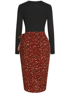 Best Retro Stage 2PCS 1970s Long Sleeves Top & Dots Skirt Brown