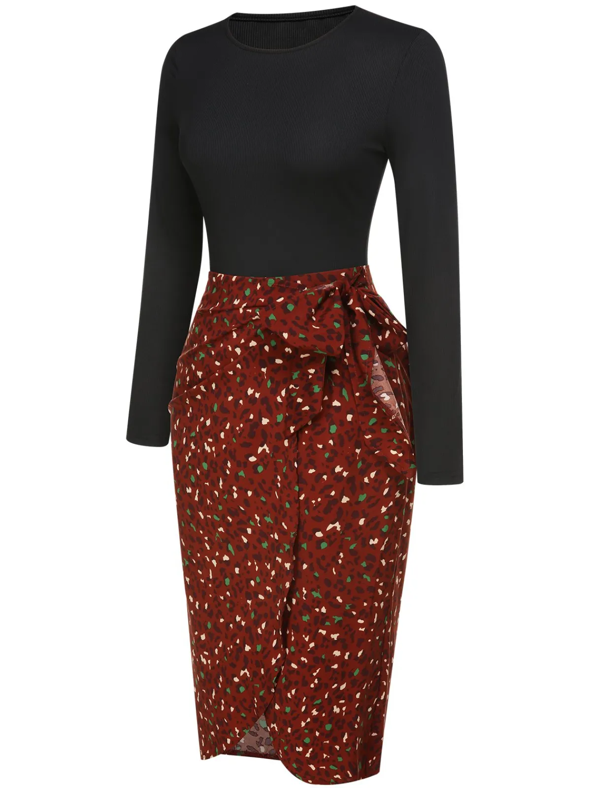 Best Retro Stage 2PCS 1970s Long Sleeves Top & Dots Skirt Brown