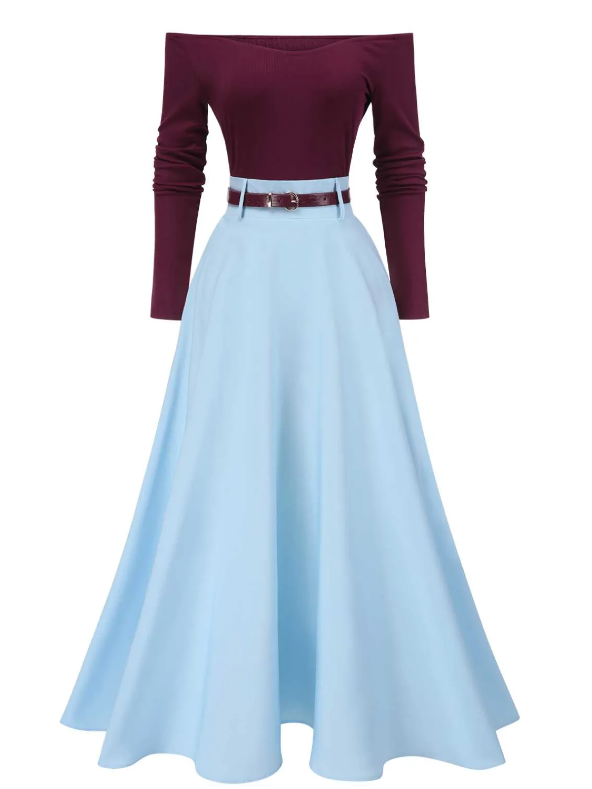 New Retro Stage 2PCS 1950s Off-Shoulder Top & Solid Belted Skirt Red & Blue