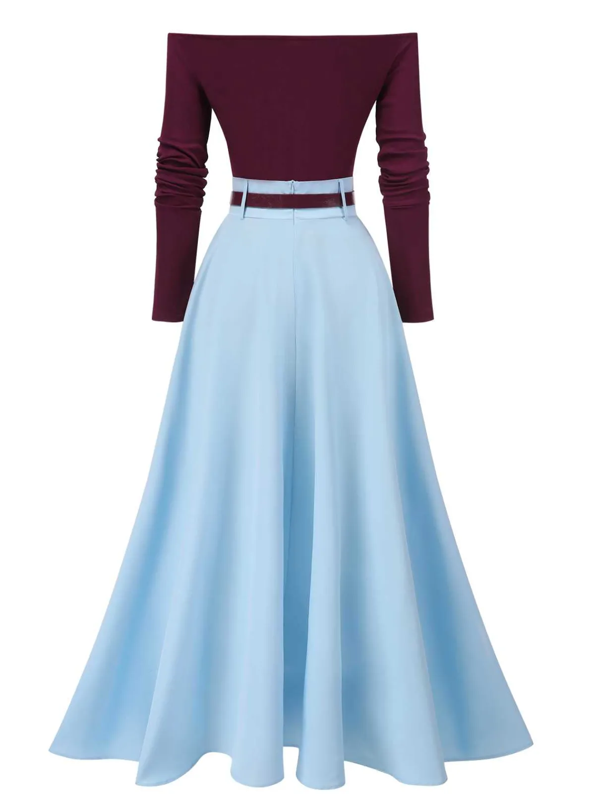 New Retro Stage 2PCS 1950s Off-Shoulder Top & Solid Belted Skirt Red & Blue