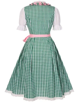 Discount Retro Stage 2PCS 1950s Oktoberfest White Top & Plaid Dress & Pink Apron Green