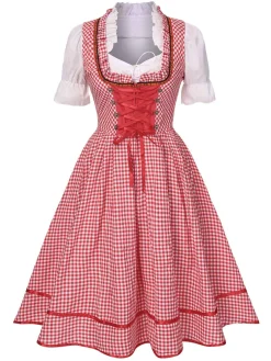 Hot Retro Stage 2PCS 1950s Oktoberfest White Top & Plaid Dress & Apron Red