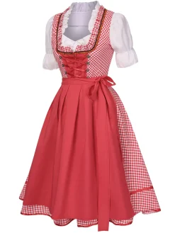 Hot Retro Stage 2PCS 1950s Oktoberfest White Top & Plaid Dress & Apron Red