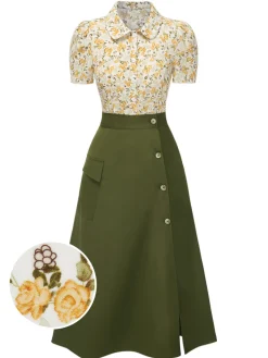 Discount Retro Stage 2PCS 1940s Peter Pan Collar Floral Blouse & Slit Skirt Multicolor