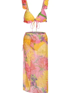 Clearance Retro Stage 3PCS 1970s Floral Swimsuit Set Pink