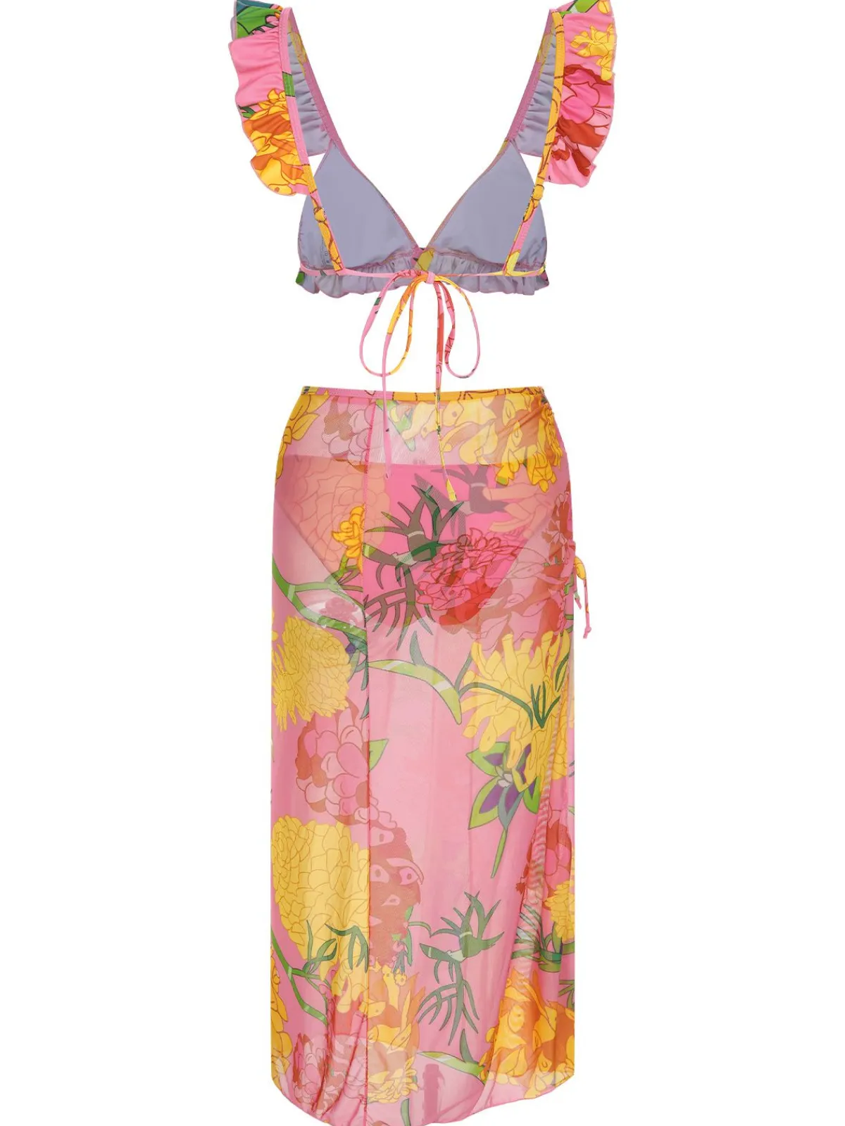Clearance Retro Stage 3PCS 1970s Floral Swimsuit Set Pink
