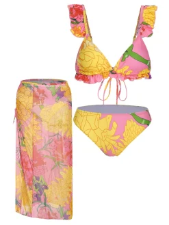 Clearance Retro Stage 3PCS 1970s Floral Swimsuit Set Pink